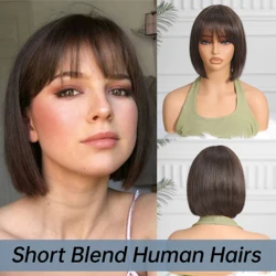 Short Bob Human Hair Blend Synthetic Wigs Dark Brown Straight Human Hair Blend Wigs with Bangs 70% Human Hair Heat Resistant Use