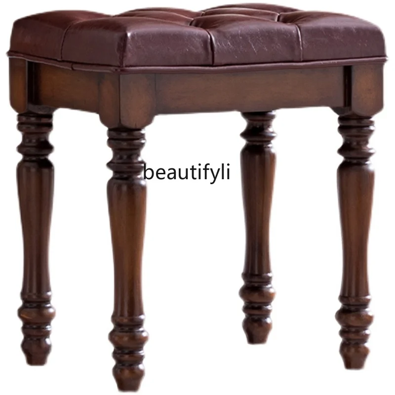 American Dressing Makeup Stool Solid Wood Dressing Chair European Nail Leather Soft Bag Simple Wood Princess Stool furniture