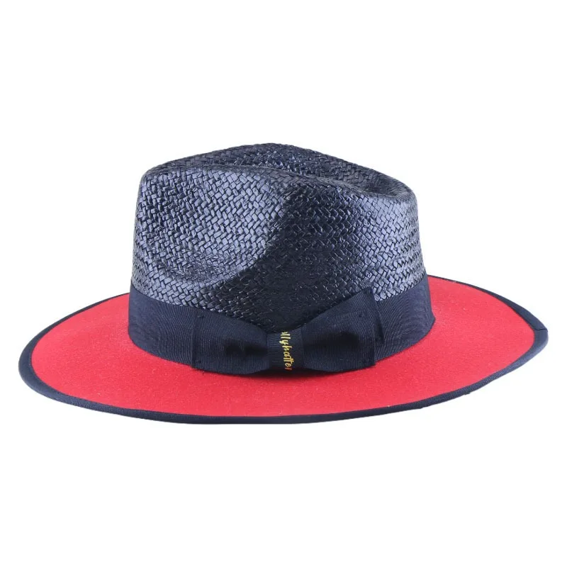 New Panama Straw Hat with Two-Tone Color Blocking, Wide Brim Fedora Sun Cap for Beach, UV Protection