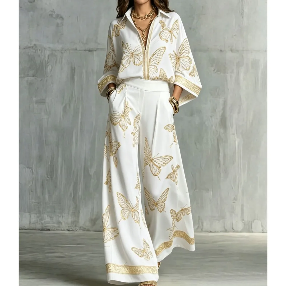 Women 2 Piece Set Golden Butterfly Print Zip Lapel Shirt Top High Waist Wide Leg Pants Loose Three‑Quarter Sleeve Elegant Suit