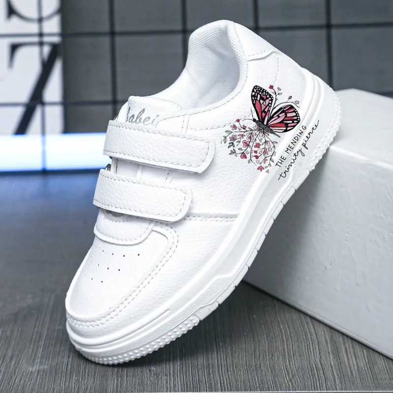 Girls White Shoes for School with Cartoon Butterfly Prints Classic Soft Comfortable Breathable Kids Fashion Classic Skate Shoes