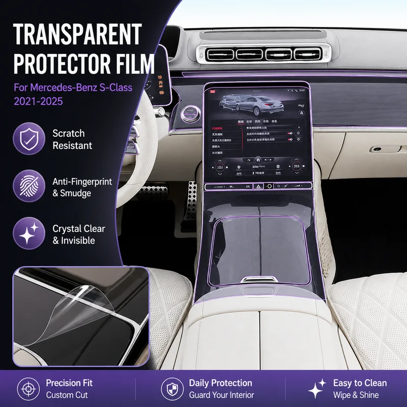 For Mercedes-Benz S-Class 2021-2025 Center Console Gear Shift Interior Sticker Custom Upgrade Transparent Screen Protector Film