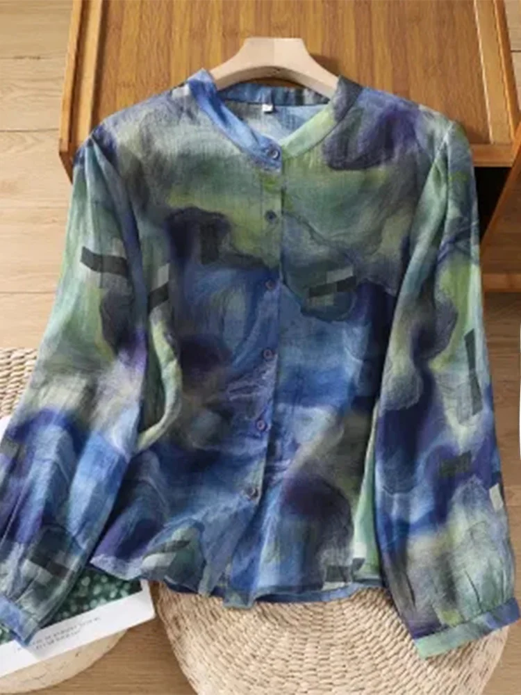 

Long Sve Linen Print irt Women Spring Summer Lightweight Loose Slimming Casual Single Button Stand Collar Cotton Linen Top