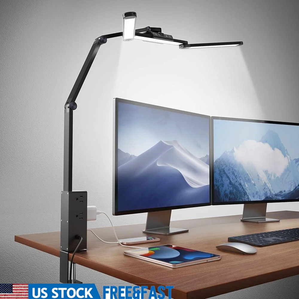 LED Desk Lamp with Power Strip 6 Outlets USB Type-C Touch Control Eye-Caring Bright Adjustable Swing Arm Clamps Home Office