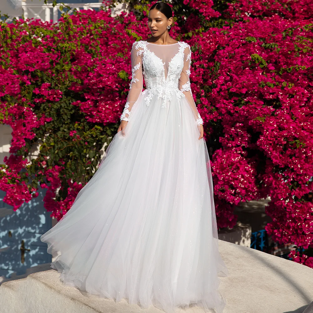 

Customized Classic A-Line Tulle Lace Long Sleeve Women Wedding Dress for Brides Elegant Boat Neck Applique Backless Bridal Gown