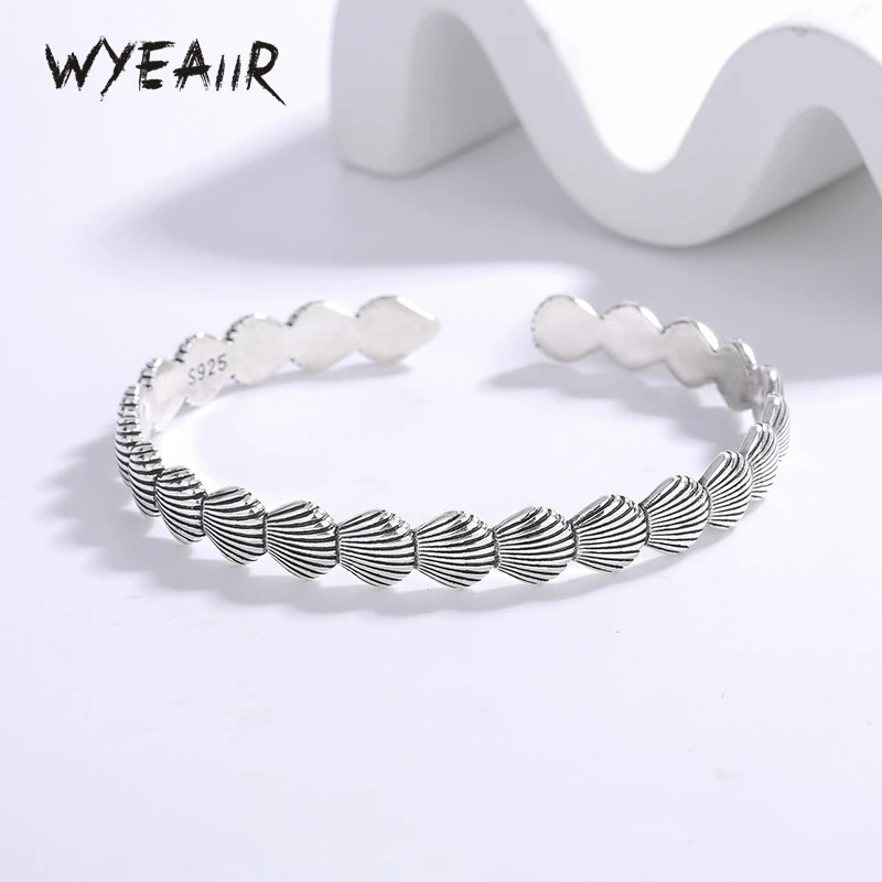 WYEAIIR 925 Sterling Silver Vintage Thai Silver Simple Shell Fine Jewelry Luxury Resizable Opening Female Bangle