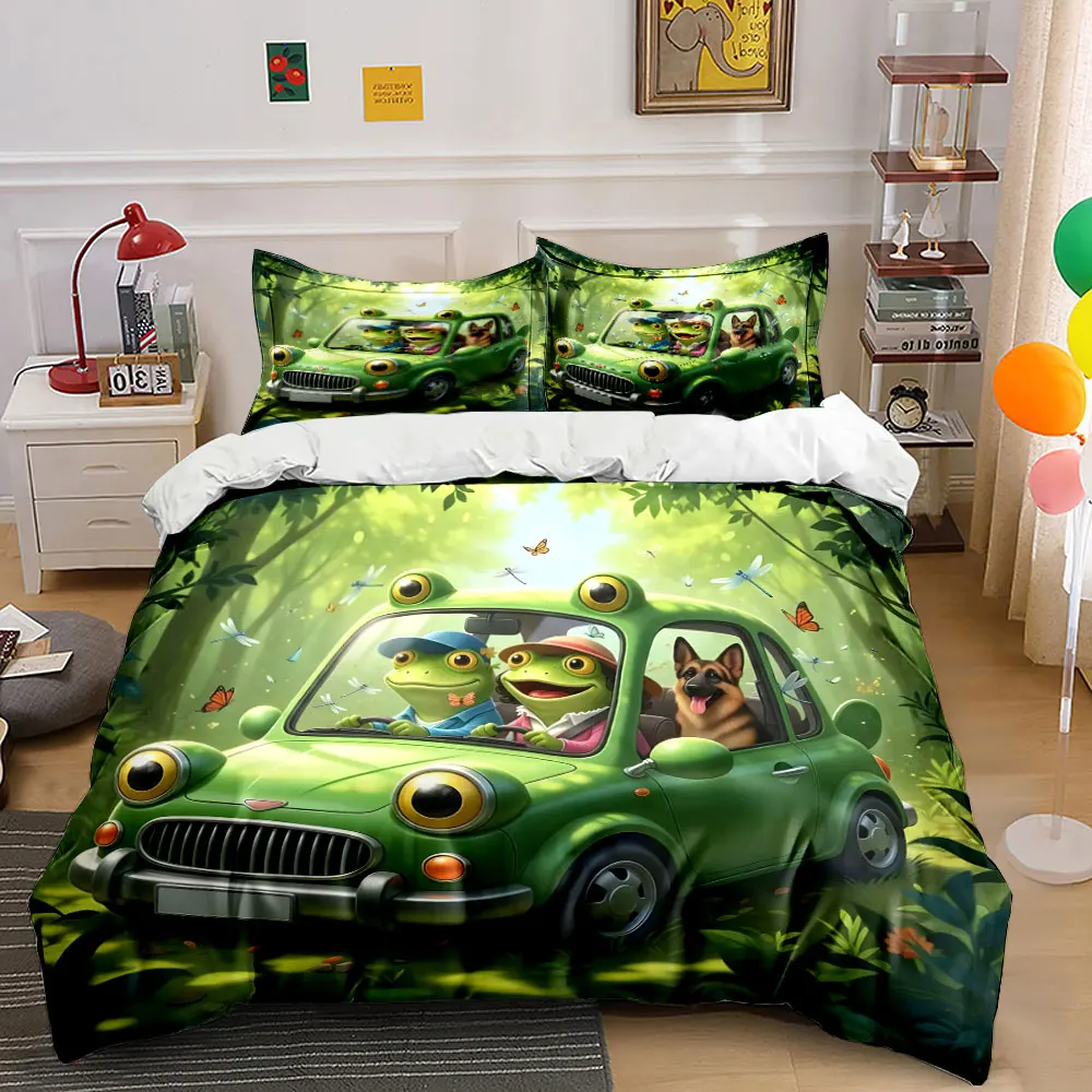 A frog drives a green car in the forest Print Bedding Set 1 Duvet Cover 2 Pillowcases for Adult and Children Luxury Gift