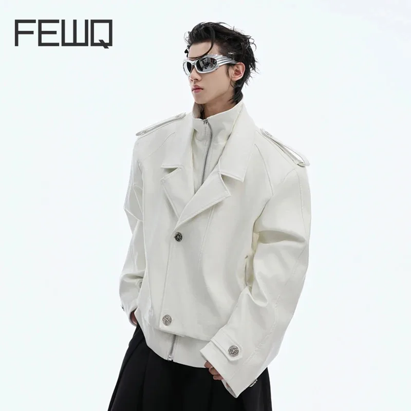 FEWQ Fake Two Piece Pattern Short Jacket Metal Silhouette Motorcycle Suit Solid Color Long Sleeve Male Tops 24E2503