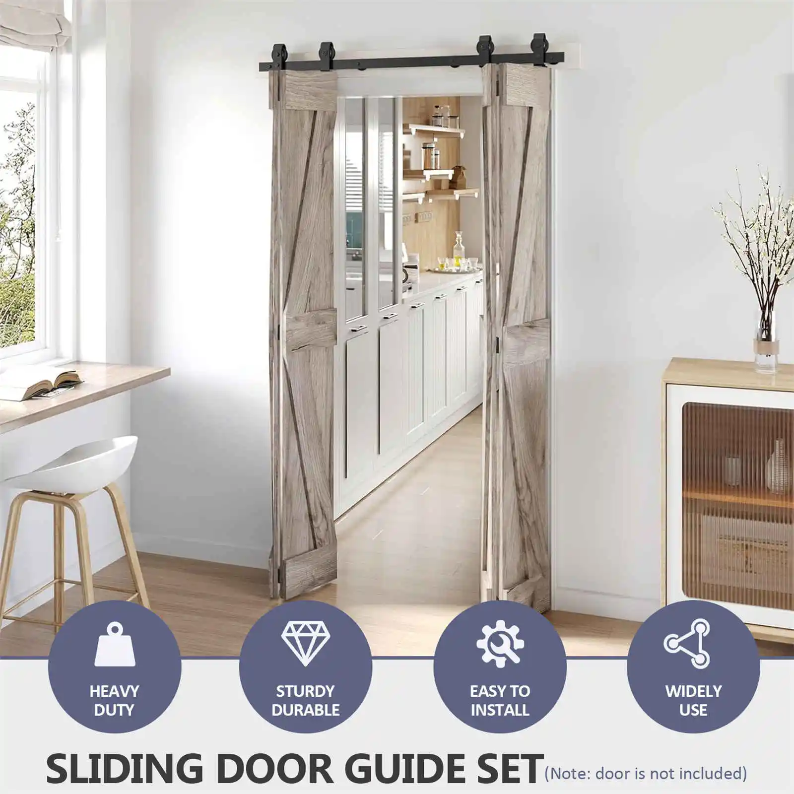 مجموعة أدوات باب الحظيرة ثنائية الطي، طقم باب الحظيرة المنزلقة على شكل حرف T من الفولاذ الكربوني مقاس 52 بوصة، نظام مسار مسطح سهل التركيب