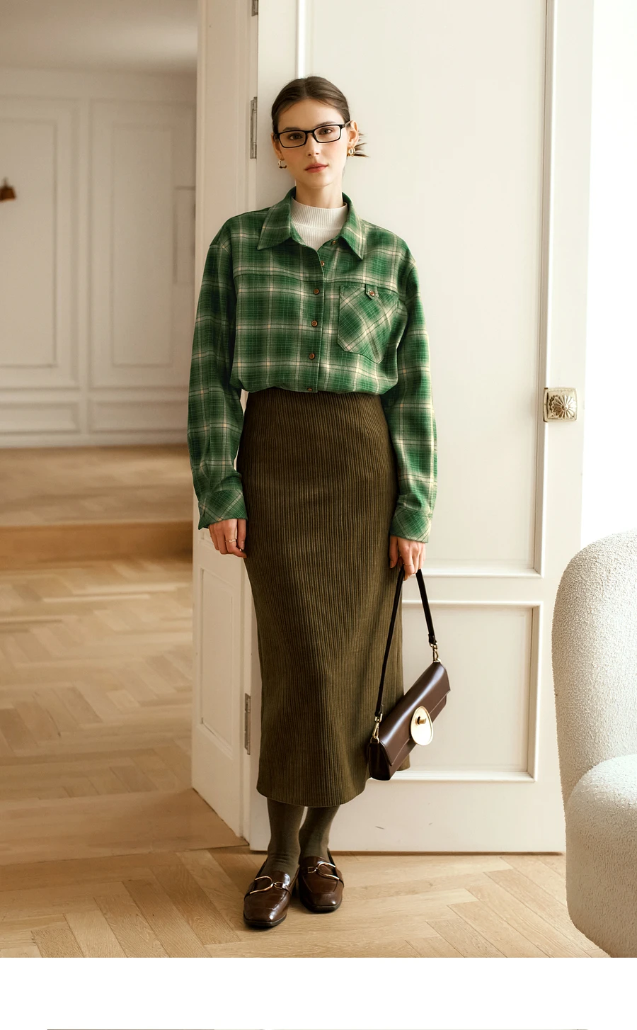 OLrain Green Plaid Women Shirts Spring 2025 Casual Loose Fit Commute Turn Down Collar Long Sleeve Spliced Button Tops O56DC95310