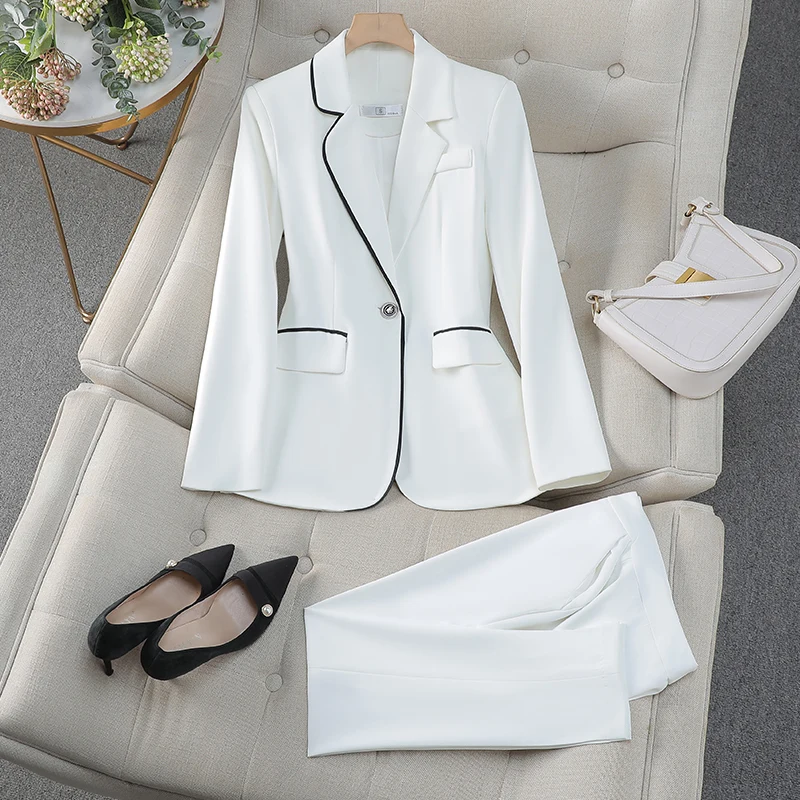 Autumn Winter Long Sleeve Women Pant Suit Ladies Formal Purple Black Business Work Wear 2 Piece Set Blazer And Trouser