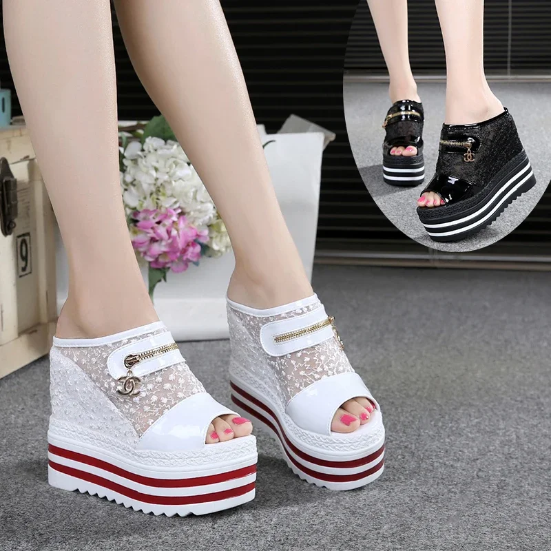 

2024 Newest Fashion Crystals Wedges super High Heels Leisure Summer Sandals Woman Shoes Women Platform Fish mouth Slippers 13cm