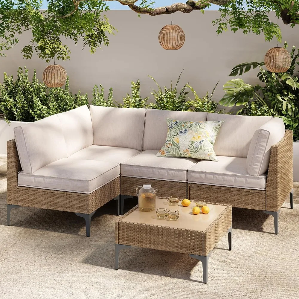 

5-Piece Patio Furniture Set, Outdoor Wicker Sectional Sofa with Coffee Table, Anti-Slip & Thick All-Weather Cushions for Sunroom