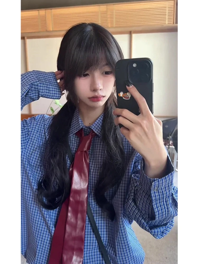 

Свободная повседневная клетчатая мужская одежда Long Sve irt в Корейском стиле для колледжа, синяя клетчатая осенняя одежда свободного кроя для пар, верхняя одежда