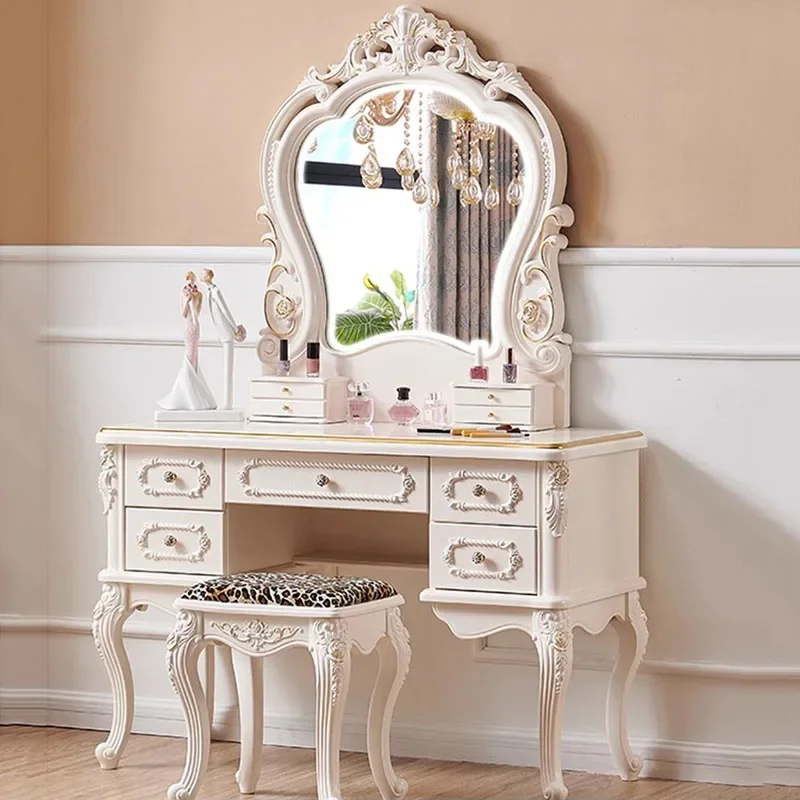 Cream Solid Wood Dressing Table Makeup Vanity with Mirror & Storage, European Luxury Princess Style for Bedroom