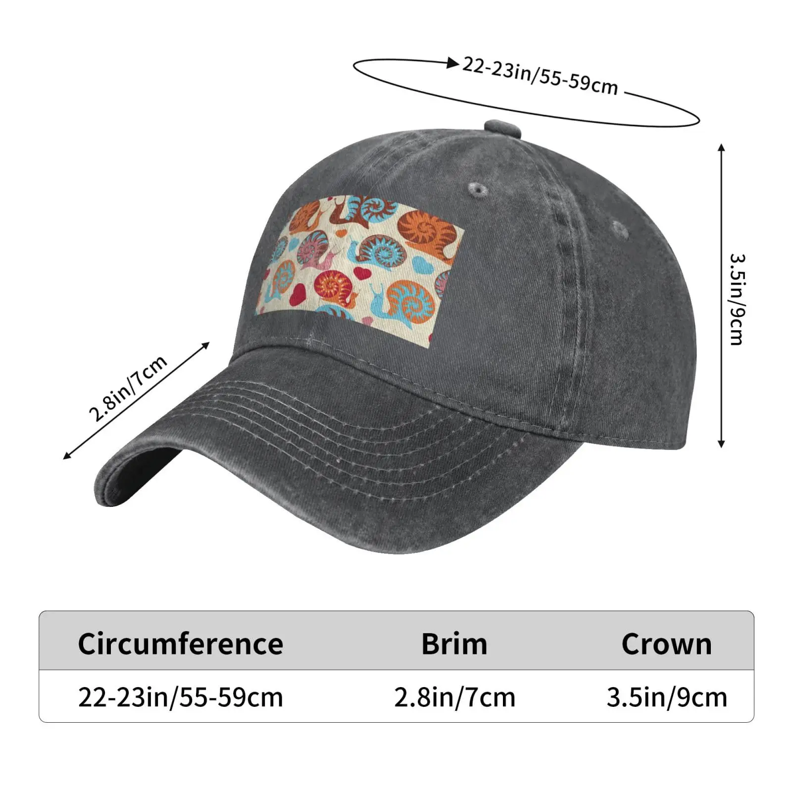 Cute Snail Print Classic Baseball Cap for Men Women Denim Hat Washed Cotton Fashion Cap Unisex Adjustable Sports Outdoor