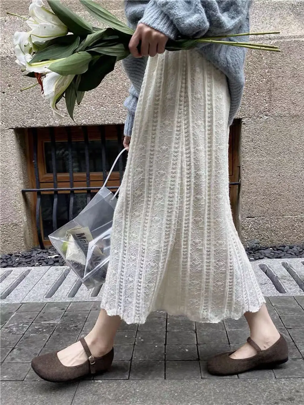 Autumn and Winter Sweet Flesh Covering Lace with Velvet Look Paired with Sweater A-Line Medium Length Skirt for Women