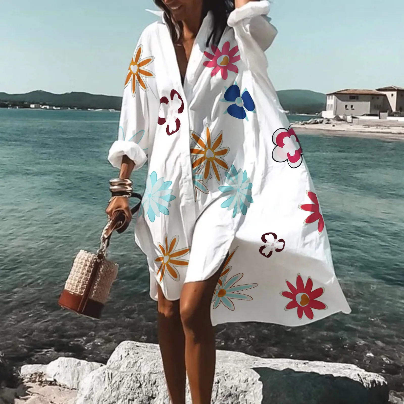 Beach Dress Bikini Cover-Up Women 2023 Bohemian Printed Beachwear Robe V-Neck Long Sleeve Swim Wear Cover Ups Loose SundressVVVV