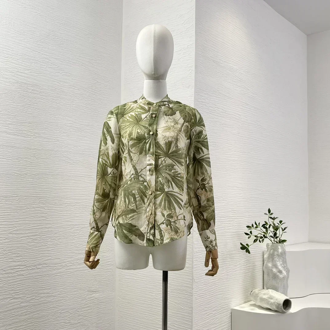 

Ramie Spring Summer 2024 High Quality New Vintage Green Leaf Print Long Sleeve Women Blouse Tops