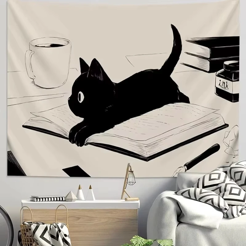 VIKAMA Healing Cat Wall Hanging: Black Cat Peeking Out of Teacup Design Bedroom & Living Room Feature Wall Decor