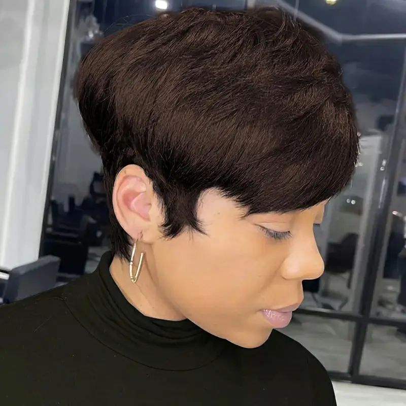 짧은 픽시컷 스트레이트 밥 100% 인모 앞머리 가발