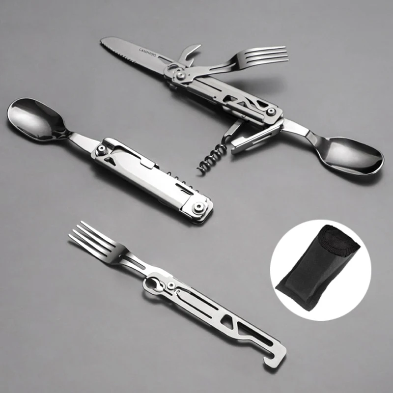 JSJM New 420 Stainless Steel Camping Tableware Multifunctional Portable Folding Knife And Fork Spoon Outdoor Survival Gadgets