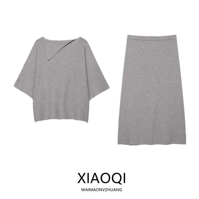 

Loose Fit Knitwear with Lapel Autumn New Arrival Women's Faion mid Waist Skirt Two Piece Set ort Sve Pure Color