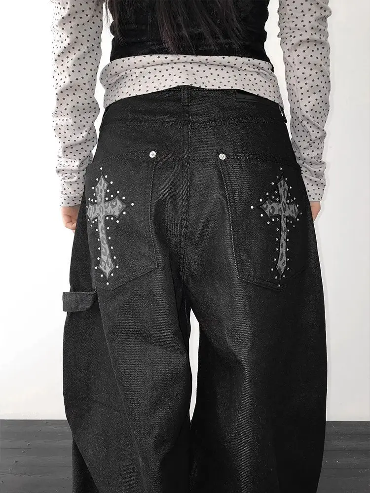 Deeptown Black Leopard Graphic Cross Jeans Women Vintage Rhinestone Wide Leg American Style Denim Trousers Baggy High Street