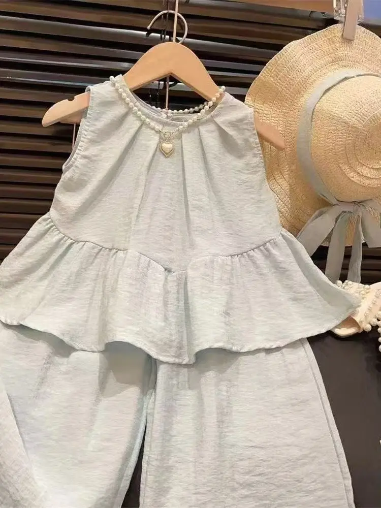 

Faionable Svel Girl's Outfit Summer New Sle Small Child Lace Trim Wide Leg Pants Two Piece Set Trendy Kids Clothing