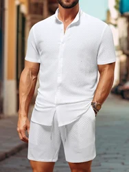 Conjunto de 2 piezas para hombre, camisa frontal con botones texturizados, Top de manga corta con cuello simulado, pantalones cortos con cintura con cordón, trajes de dos piezas para verano