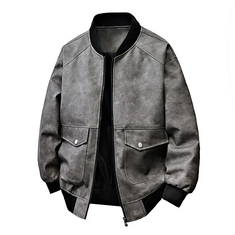 New Style Spring Autumn Men's Fashion Trends Loose Cargo PU Leather Jacket Casual Solid Stand-up Collar High Quality Coat