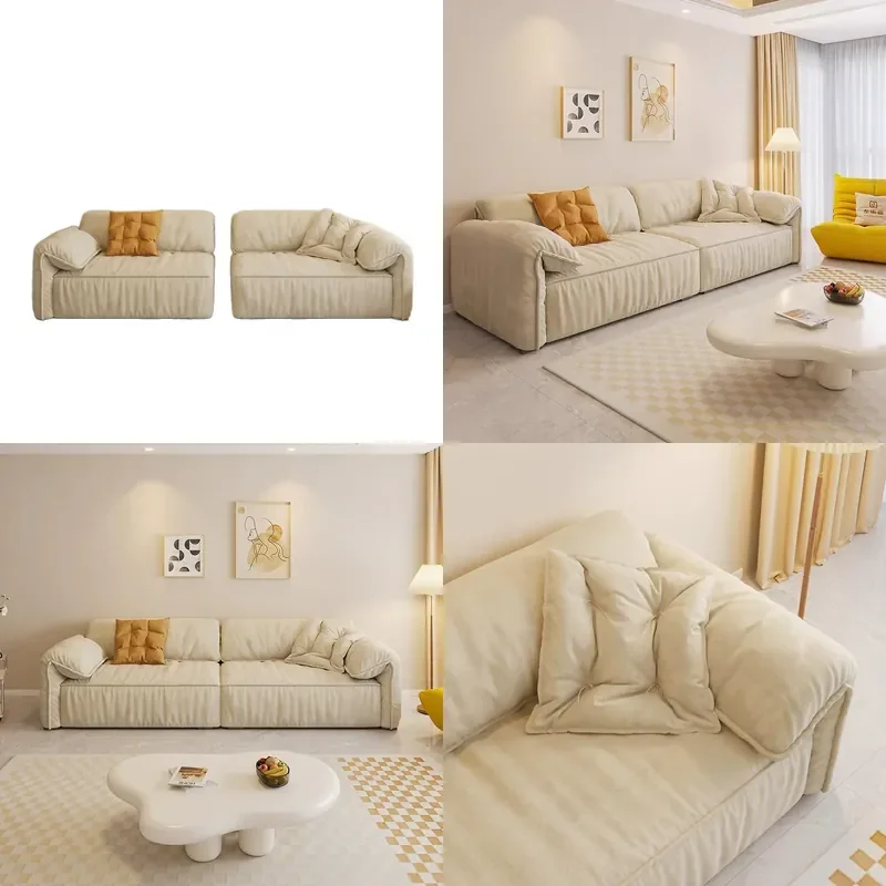 Modern French Cream Straight Sofa Down Filled Fabric Couch Simple Living Room Furniture Longjiang Style