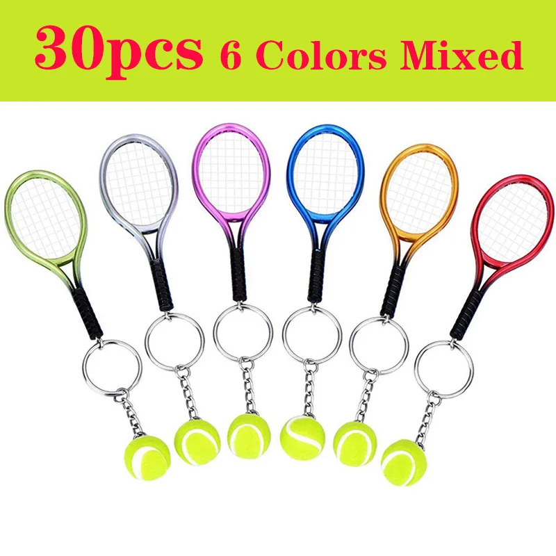 30Pcs Mini Tennis Racket Pendant Keychain Keyring Key Chain Ring Finder Holer Accessories For Lover's Day Gifts