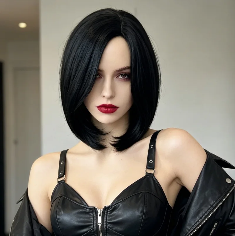 Black side-parted short bob synthetic wig - Halloween cosplay costume wig - Daily wig - High-temperature silk wig set