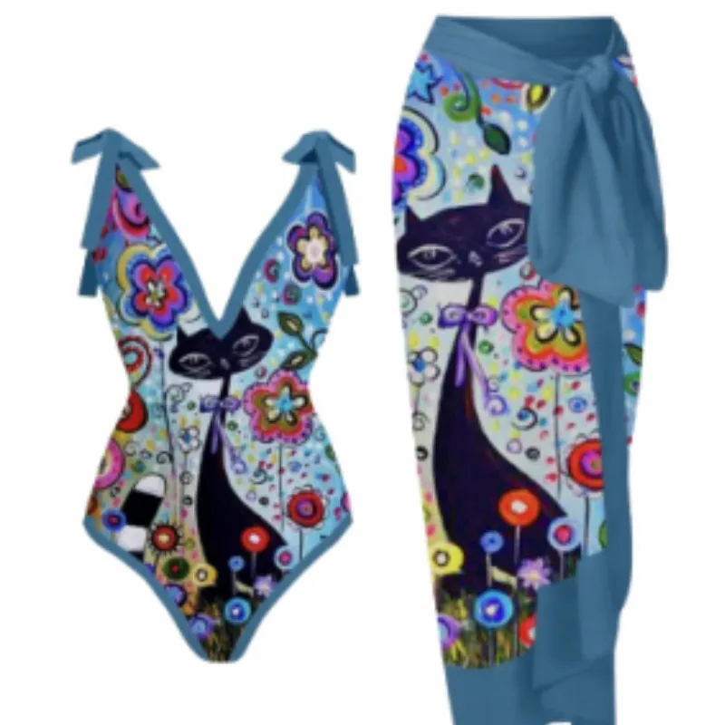 

2025 new European and American one-piece retro bikini conservative belly cover and thin holiday beach hot spring chiffon long dr