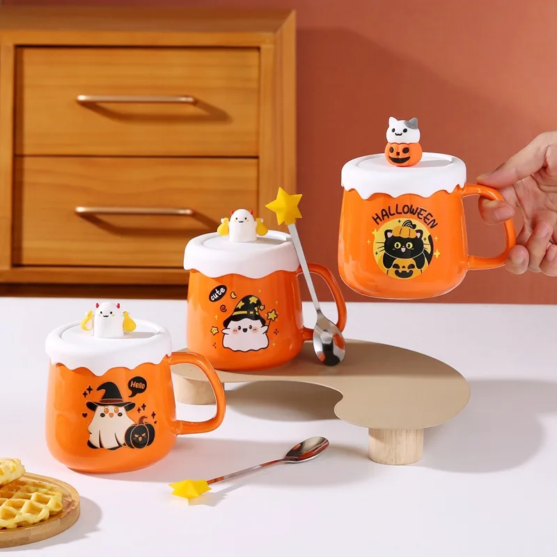 Neues 400-ml-Teebecher-Set mit Deckel, Löffel für Wasser, Saft, süße Katze, Geist, Orange, Halloween, Keramik-Kaffeetasse