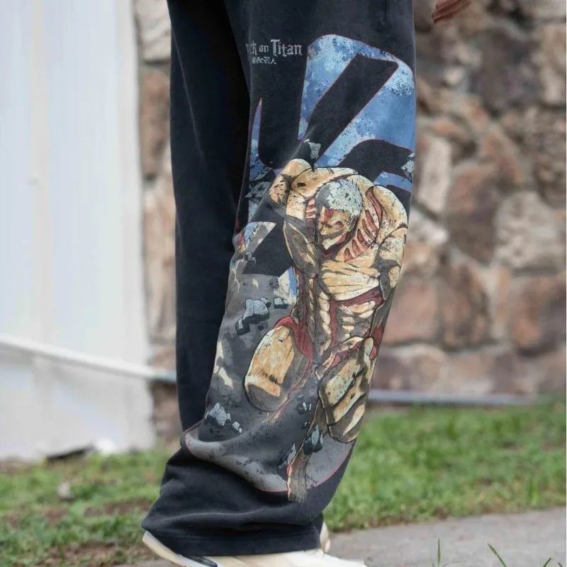 Attack On Titan Men's Cotton Sweatpants Anime Graphic Print Wide Leg Pants Loose Drawstring Casual Streetwear Hip Hop Trousers