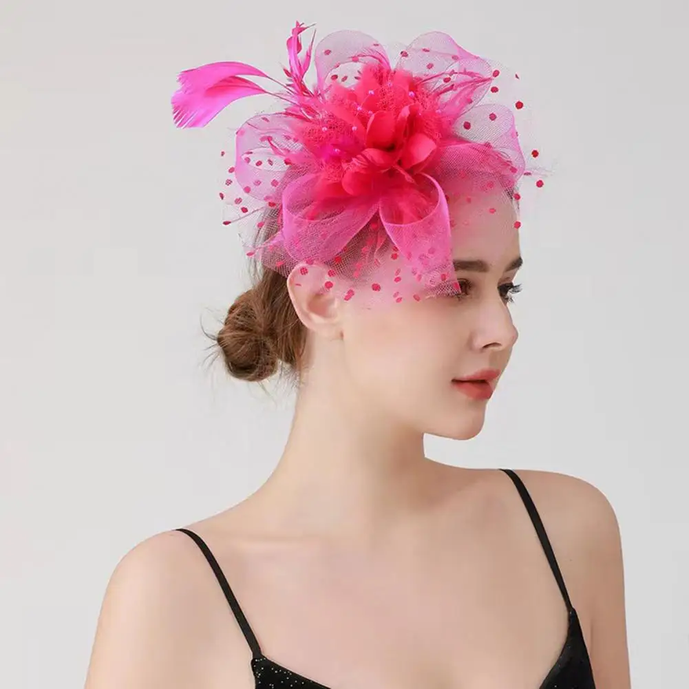 

Feather Mesh Decorative Top Hat Headband Party Hair Accessories Women Flower Decor Dot Print Headpiece