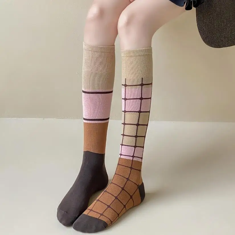 

Asymmetric Women’s Knee High Stocking AB Design JK Style Korean INS Fashionable Long Tube Slim Fit Compression Cotton Socks