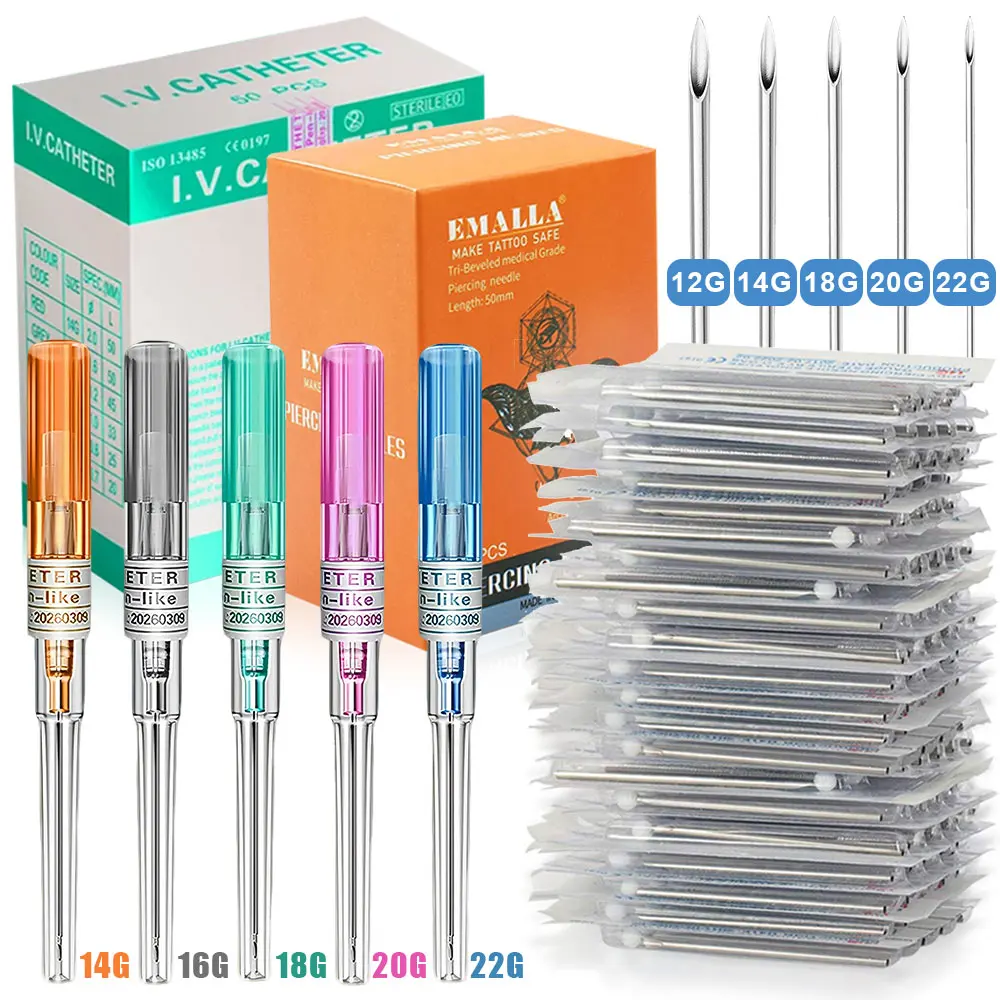 Image of 100/50/25/10/5 Stück Einweg-Piercingnadeln 12G 14G 16G 18G 20G 22G Gemischt für Ohr, Nase, Bauchnabel, Brustwarze Körperpiercing-Werkzeuge
