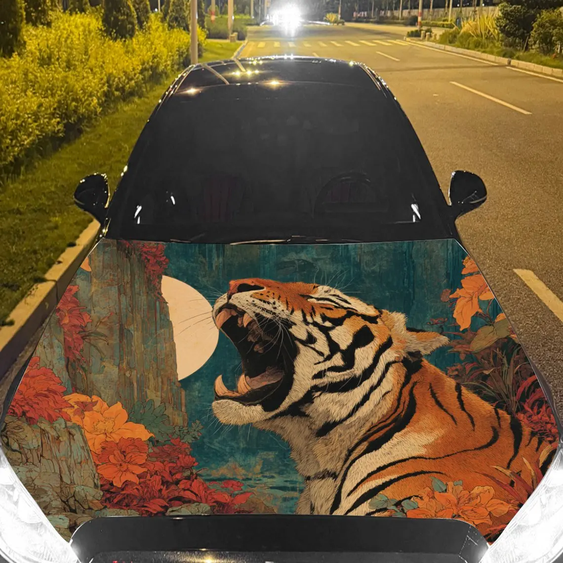 Car Decals Tiger with Vibrant Orange Fur, a Roaring Expression, and a Background with Autumn - Themed Foliage Car Hood Sticker,