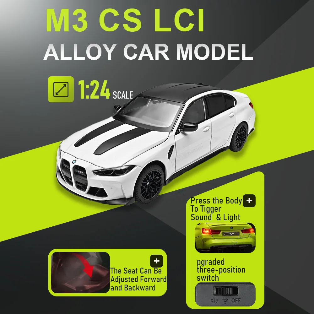 

1:24 M3 CS LCI 325LI Model Toy Cars Alloy Diecast Sound Light Doors Opened Shock Absorption Simulation Interior Home Decoration