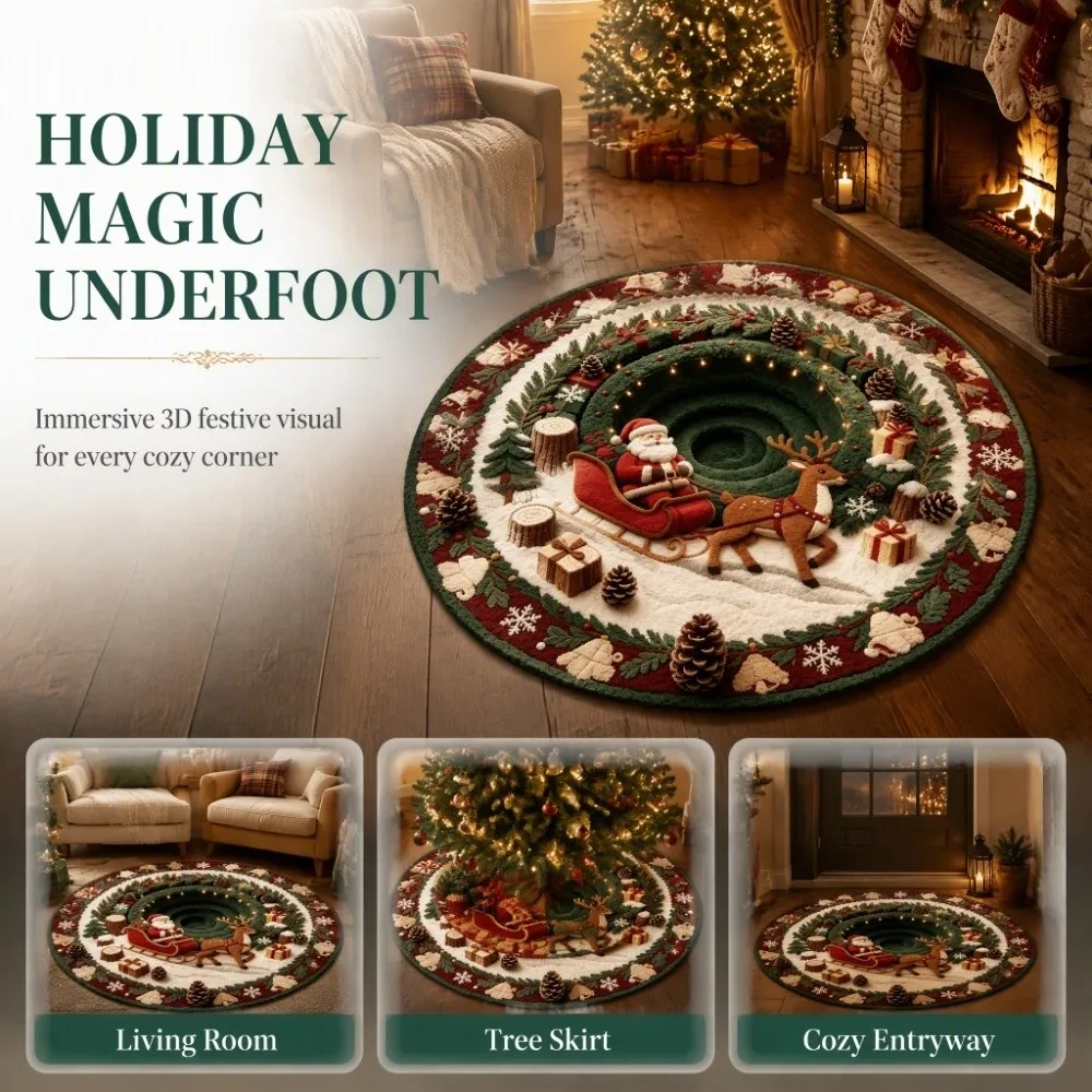 2D Flat Printed Christmas Rug Non-Slip Velvet Christmas Doormat Santa Claus Floor Mat Round Vortex Carpet Indoor