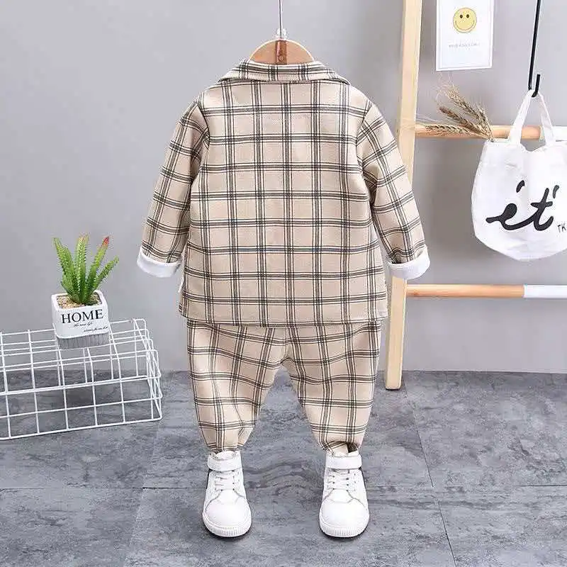 Toddler Baby Boy 3Pcs Plaid Suit Khaki Checked Gentleman Outfit Jacket Vest Pants with Bow Tie Formal Wear Wedding Party Birthda