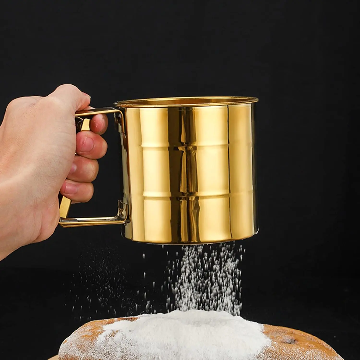 Gold Plated Stainless Steel Semi-automatic Hand Press Powder Sifter Cup Type Flour Sugar Sieve Shaker Baking Tool for Dusting