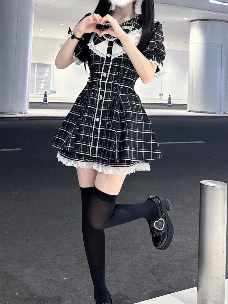

Летний новый японский сладкий комплект в стиле Лолиты, женский комплект Y2k, готическое клетчатое платье-рубашка + милое тонкое короткое элегантное праздничное платье, костюмы, новинка