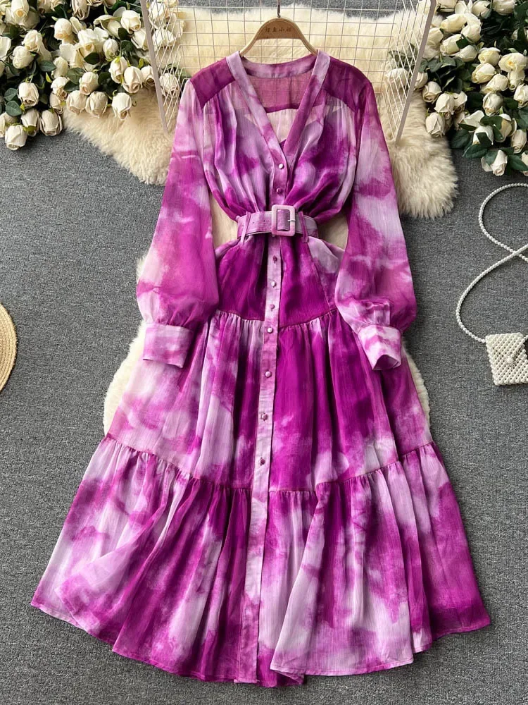 Sweet Memory 2024 Women Spring Summer Dress French Dress Irregular Tie Dye Long Swing Chiffon Holiday Prom Dress