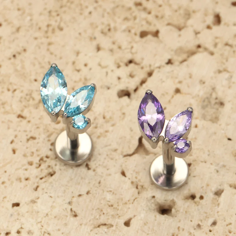 ASTM F136 Titanium Triple Marquise Lip Piercing CZ Tragus Helix Conch Earrings 16G 18G Internal Thread Labret Nose Body Jewelry