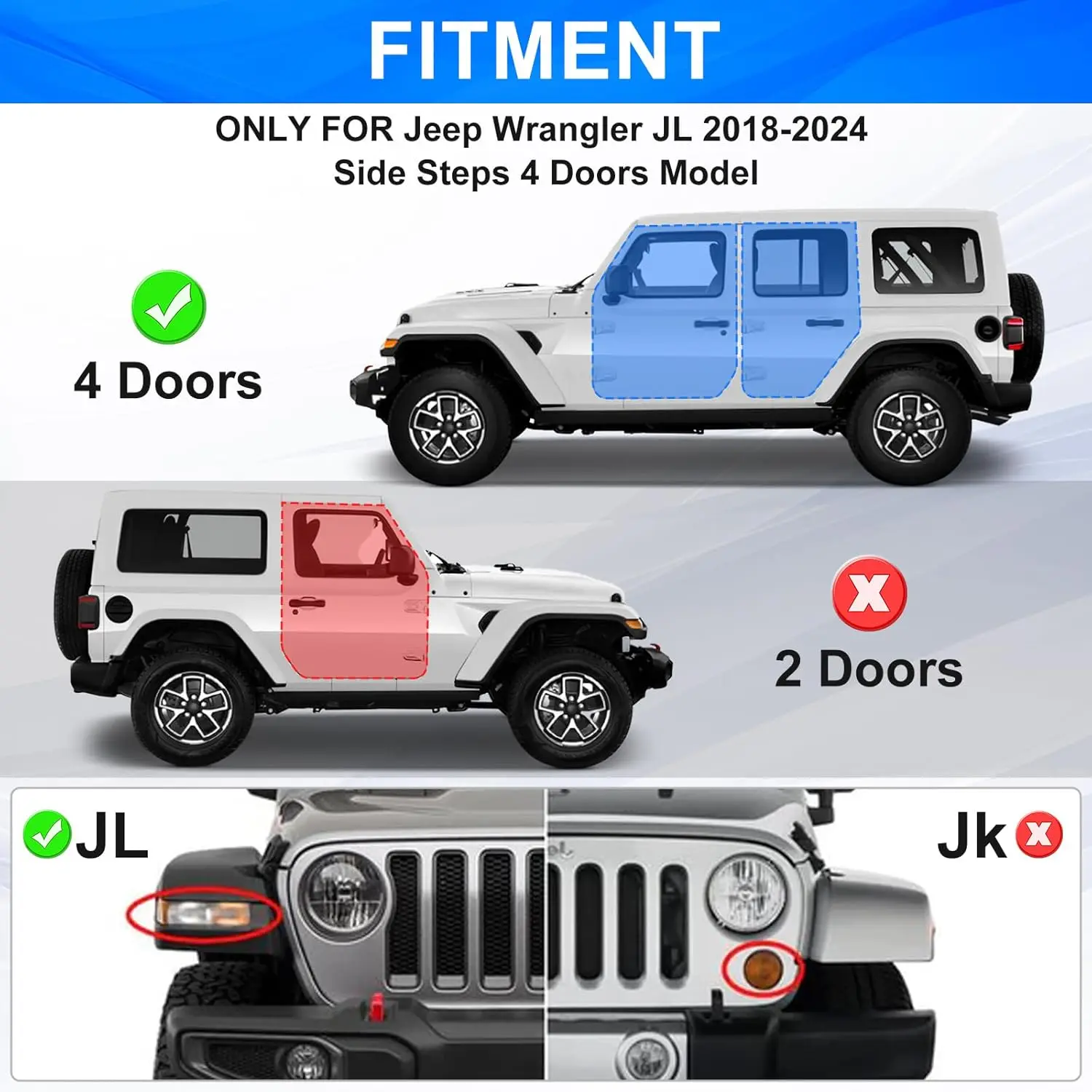 White Running Boards for Jeep Wrangler JL 4 Doors 2018-2026, 7-Inch Rock Rail Side Steps, Carbon Steel Rock Sliders, DIY Paintable