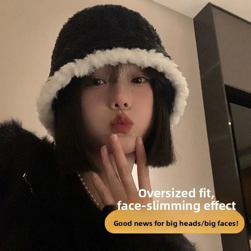 Plush Fisherman Hat for Women Autumn Winter Knit Warm Protective Bucket Hat Large Head Circumference Face Covering